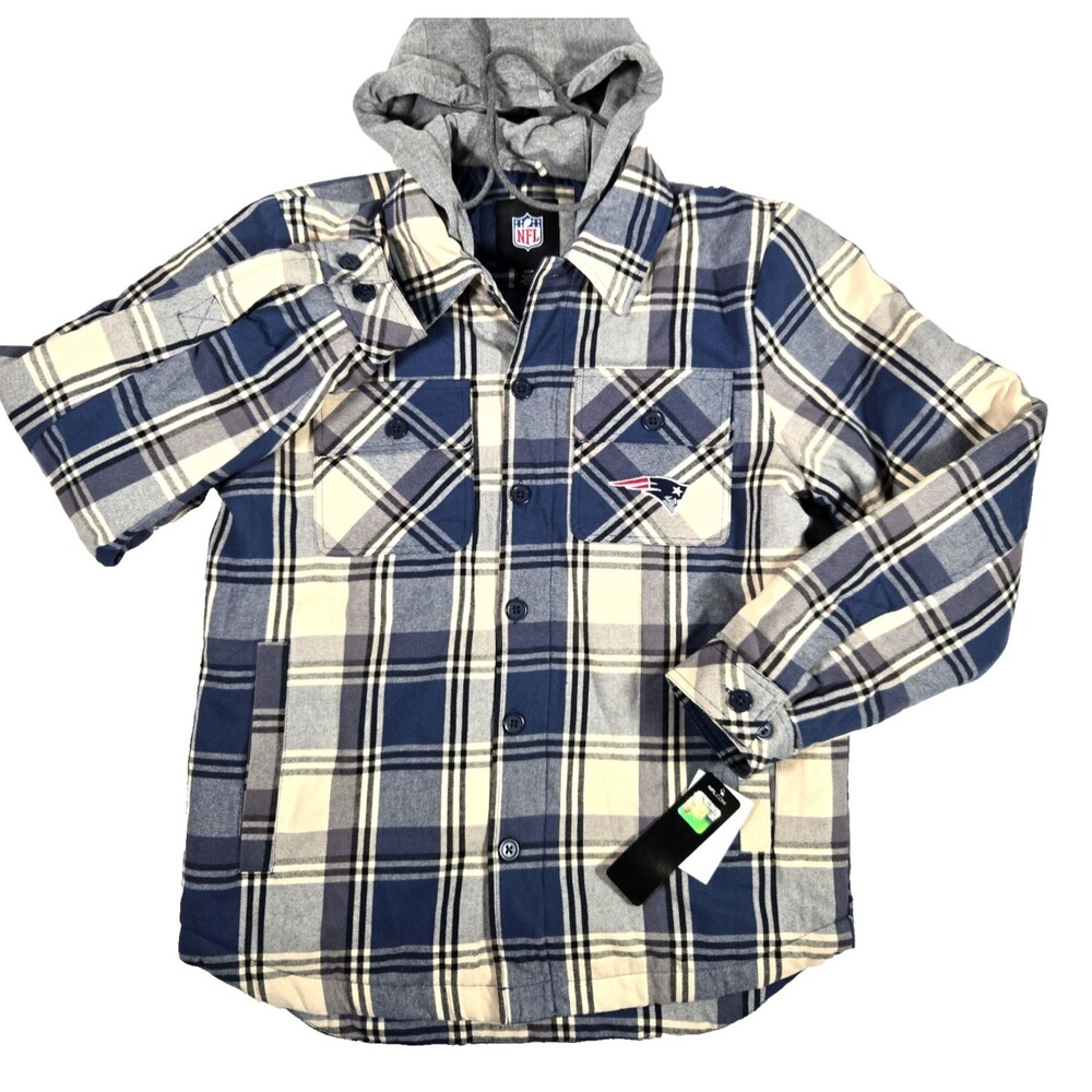 NFL New England Patriots Mens Small Hooded Heavy Blue Flannel Quilted Jacket New